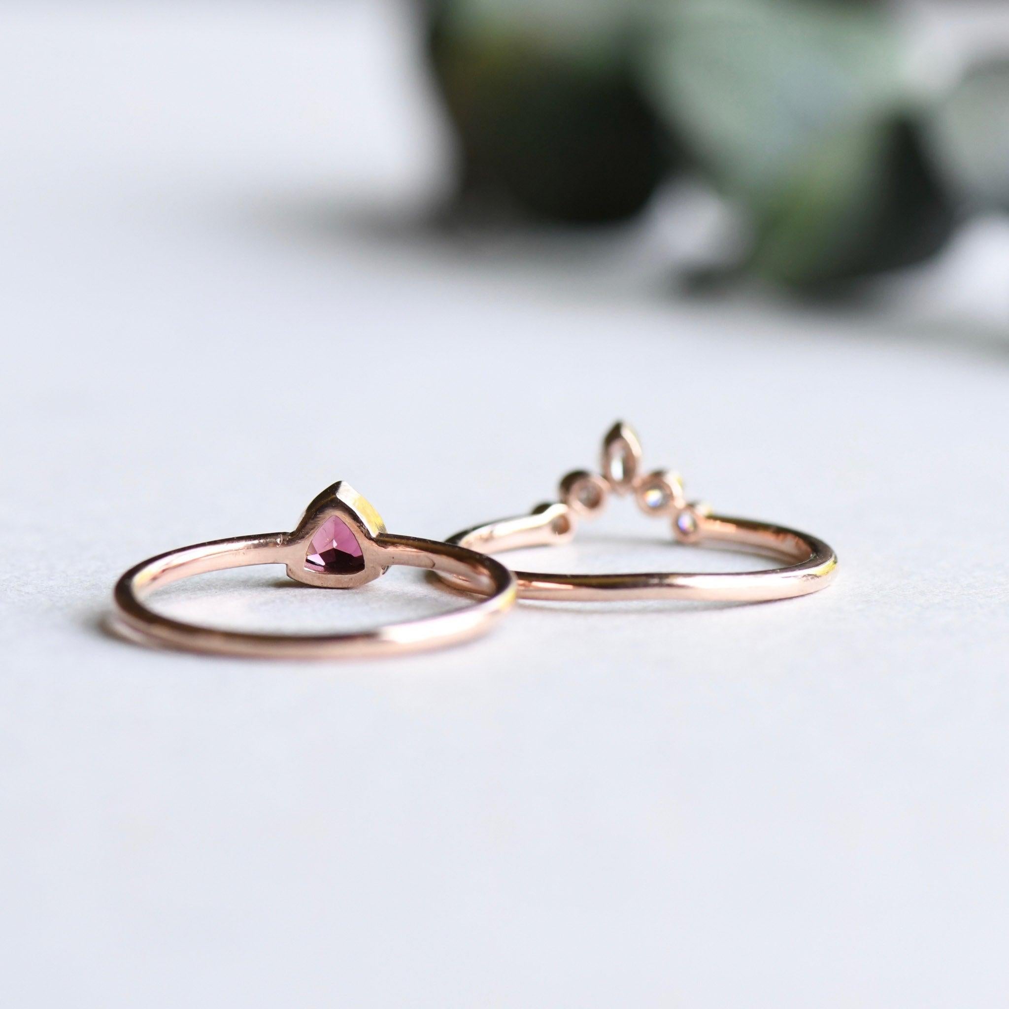 For Sale:  Pink Tourmaline Trillion Ring with Diamond Ring Guard, 14 Karat Rose Gold Ring 4
