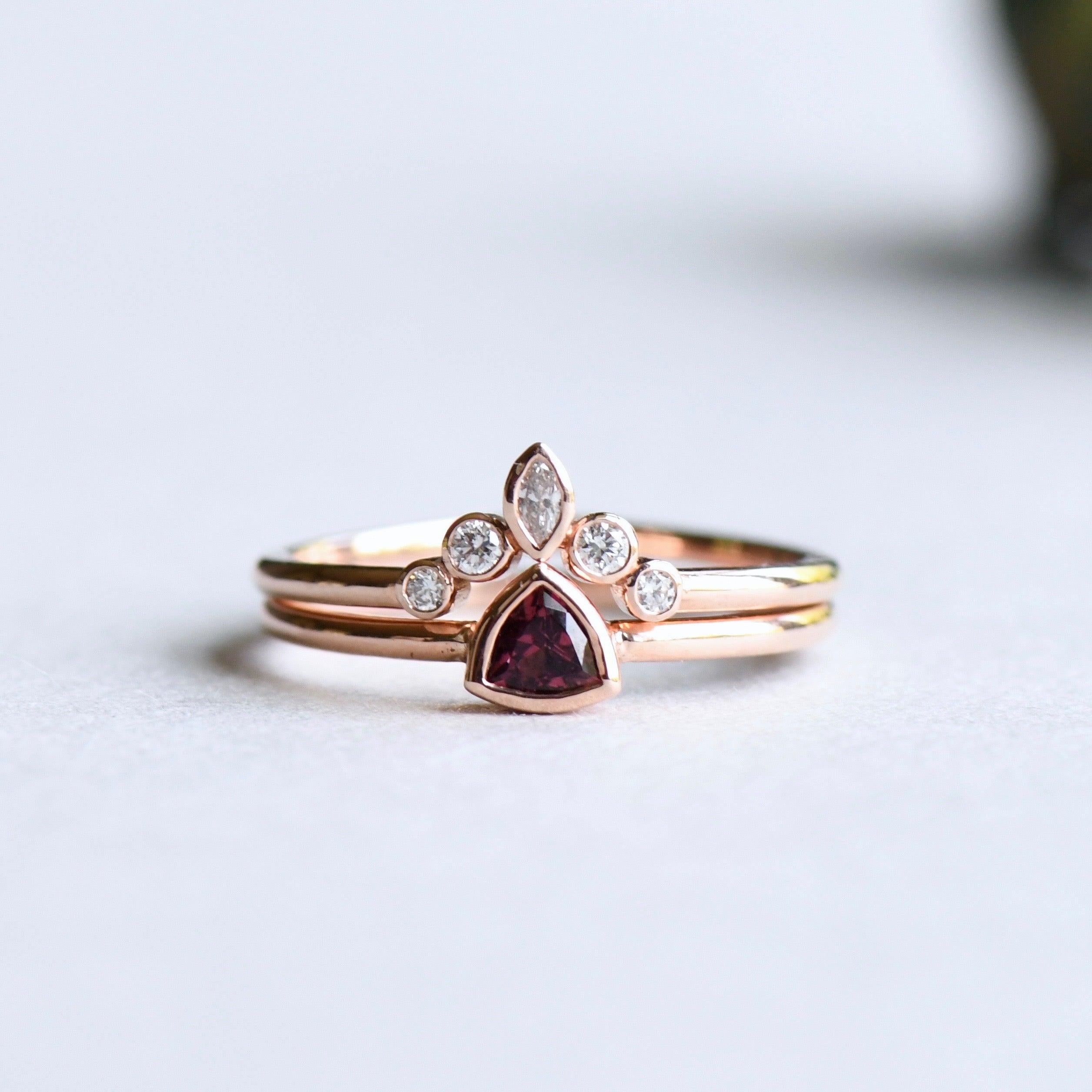 For Sale:  Pink Tourmaline Trillion Ring with Diamond Ring Guard, 14 Karat Rose Gold Ring 5