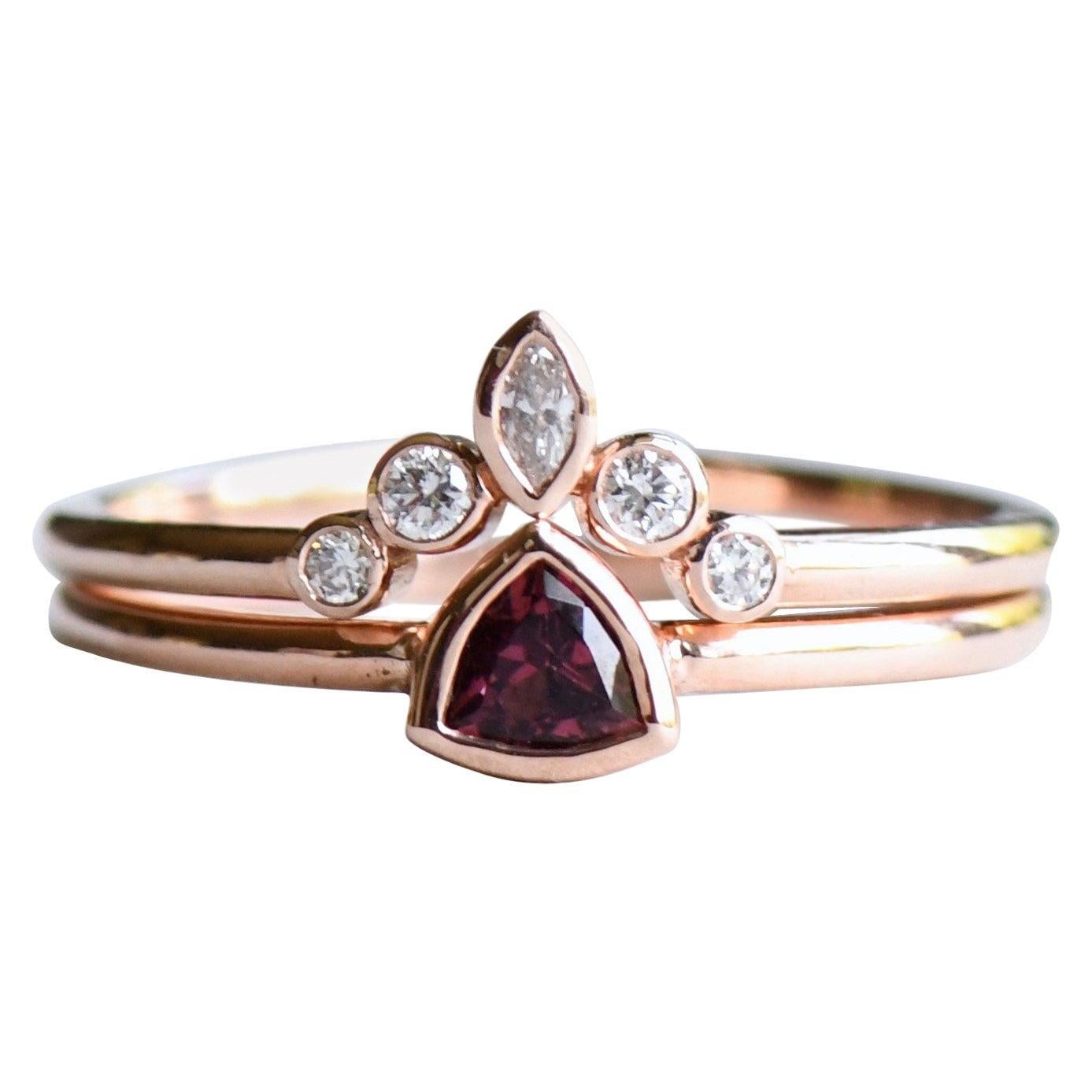 For Sale:  Pink Tourmaline Trillion Ring with Diamond Ring Guard, 14 Karat Rose Gold Ring