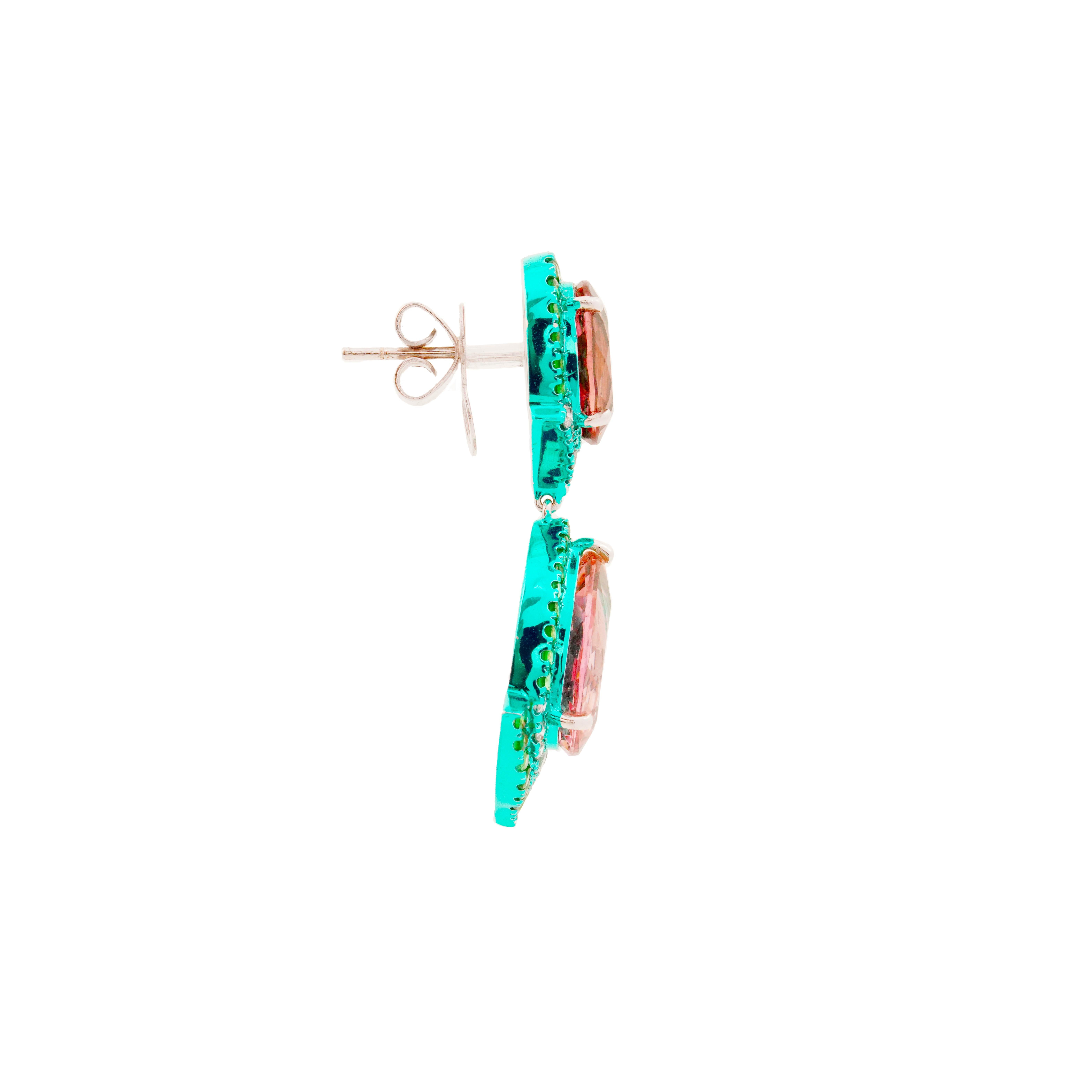 Modern Pink Tourmaline, Tsavorite and Diamond Earrings, 18K Gold, Austy Lee For Sale