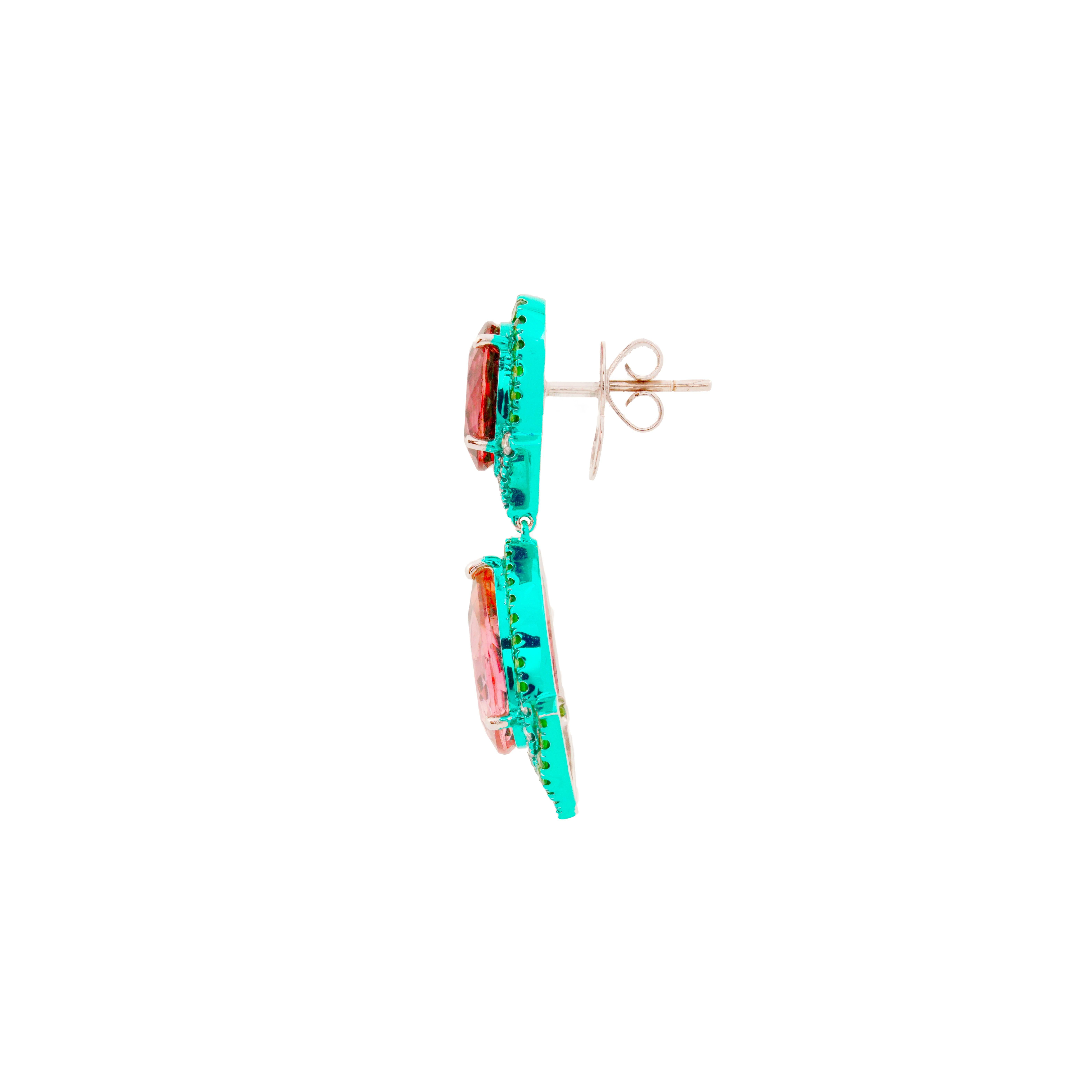 Mixed Cut Pink Tourmaline, Tsavorite and Diamond Earrings, 18K Gold, Austy Lee For Sale