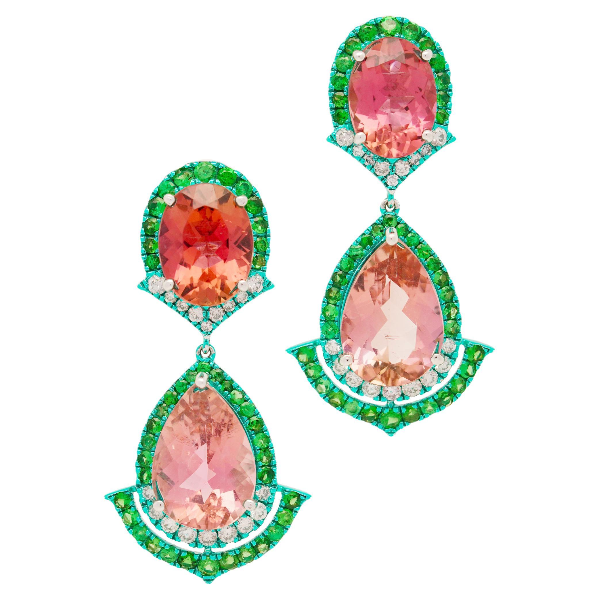 Pink Tourmaline, Tsavorite and Diamond Earrings, 18K Gold, Austy Lee