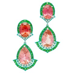 Pink Tourmaline, Tsavorite and Diamond Earrings, 18K Gold, Austy Lee