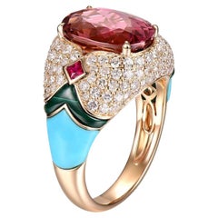 Bague cocktail en or 14 carats avec tourmaline rose, turquoise, malachite, rubis et diamants