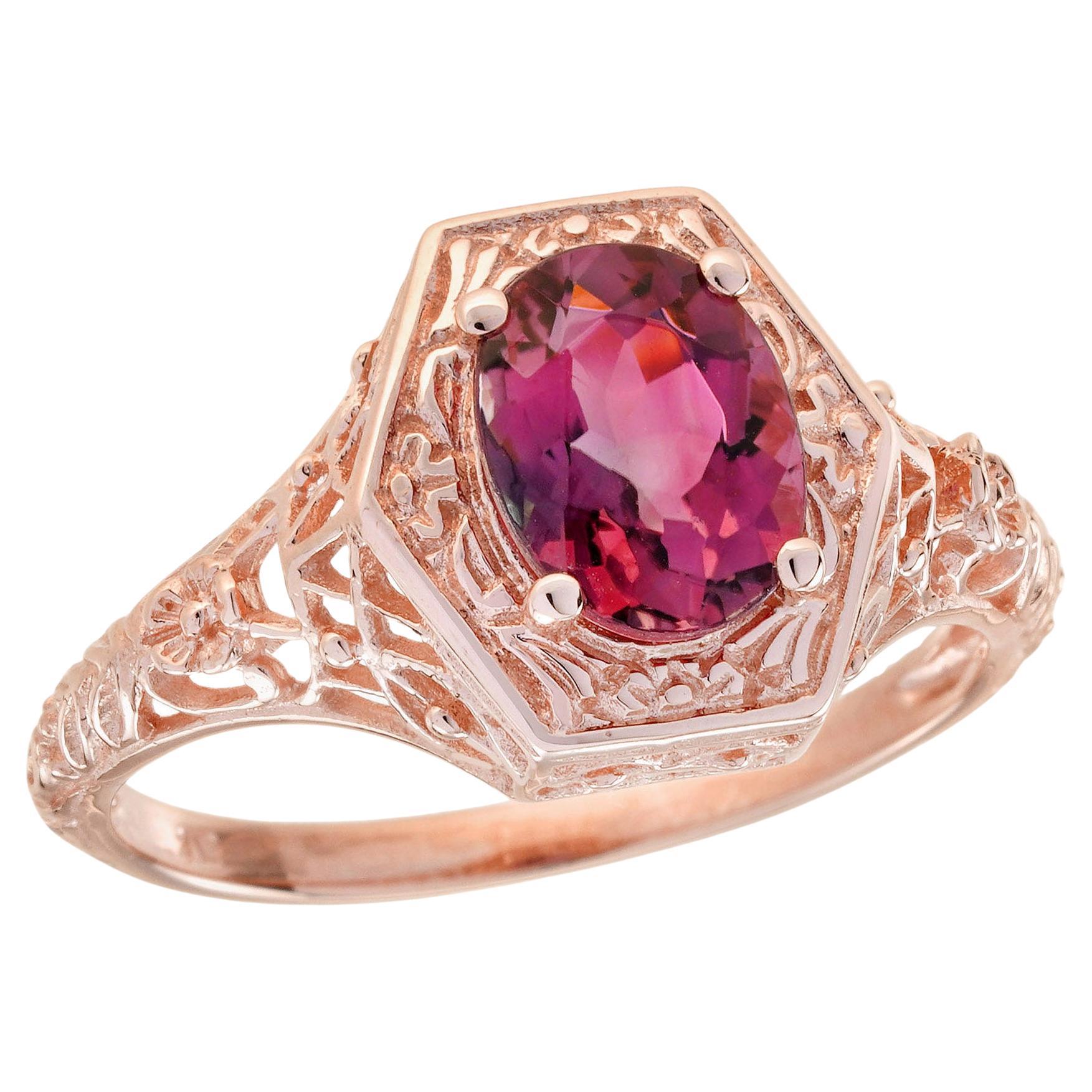Anello con tormalina rosa in stile vintage e filigrana in oro rosa 9K