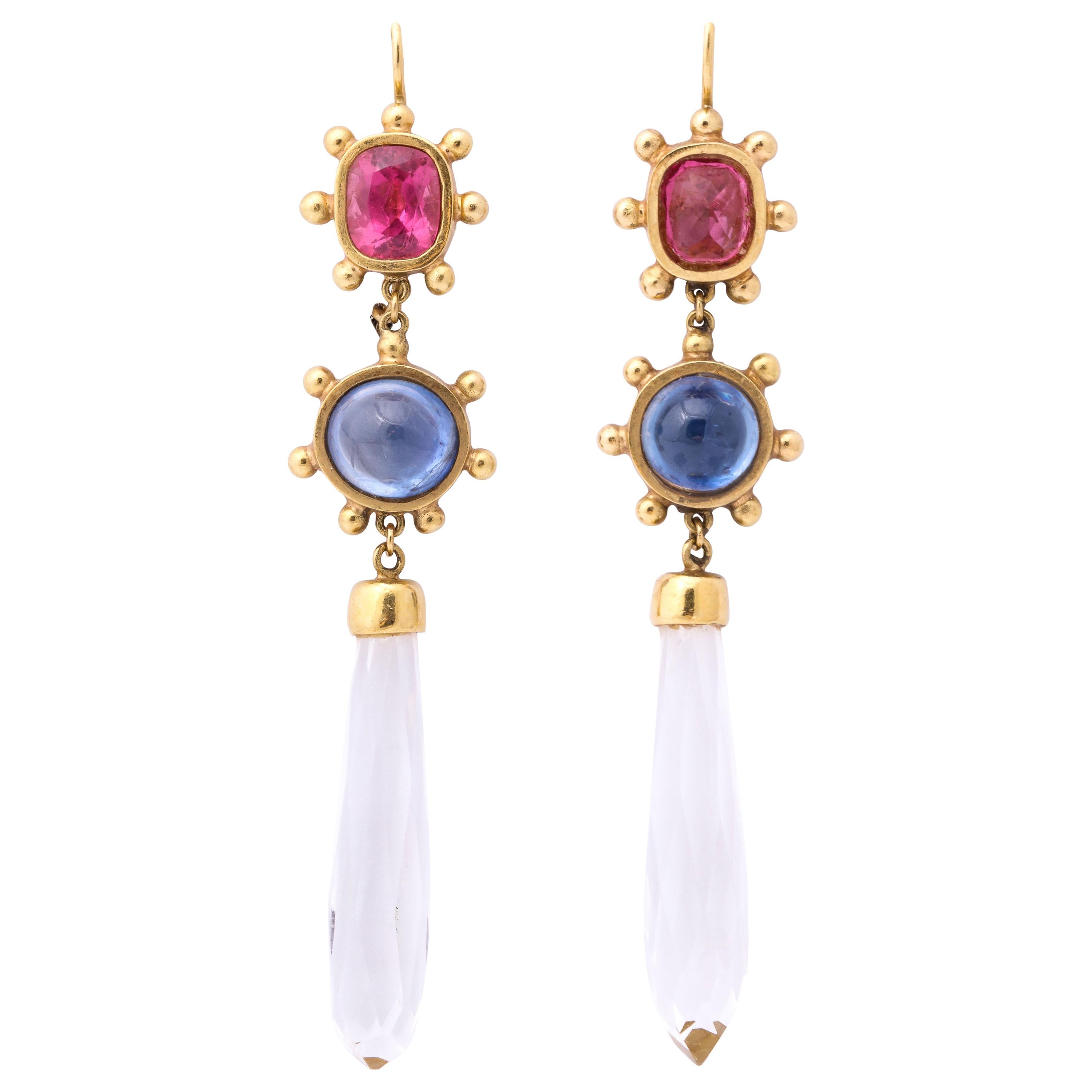 Pink Tourmaline with Cabochon Sapphires and Rock Crystal Gold Drop Earrings
