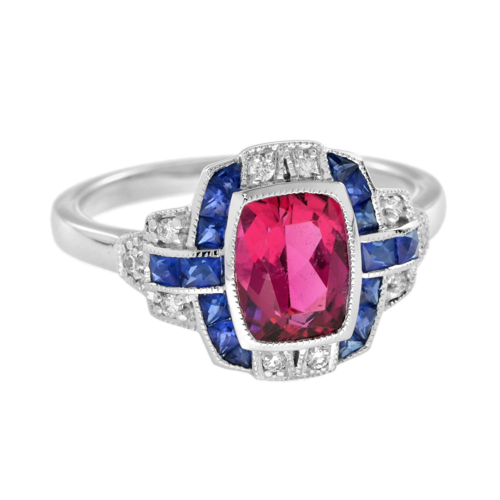 This incredible white gold Art Deco style ring features a cushion cut pink tourmaline surrounded by diamonds and French cut blue sapphire accents for a truly one-of-a-kind look. 

Ring Information
Style: Art-deco
Metal: 18K White Gold
Total weight: