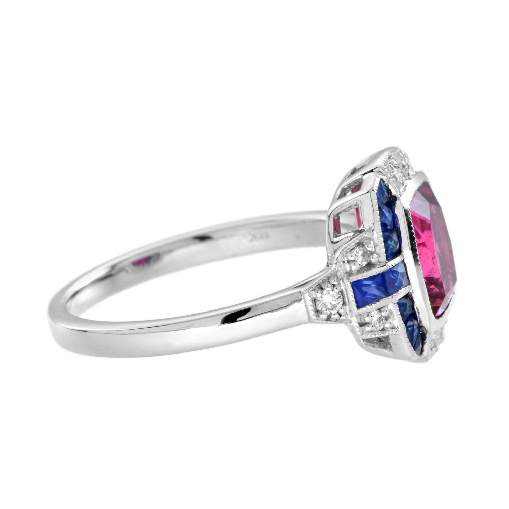 Cushion Cut Pink Tourmaline with Sapphire and Diamond Art Deco Style Halo Ring in 18K Gold For Sale