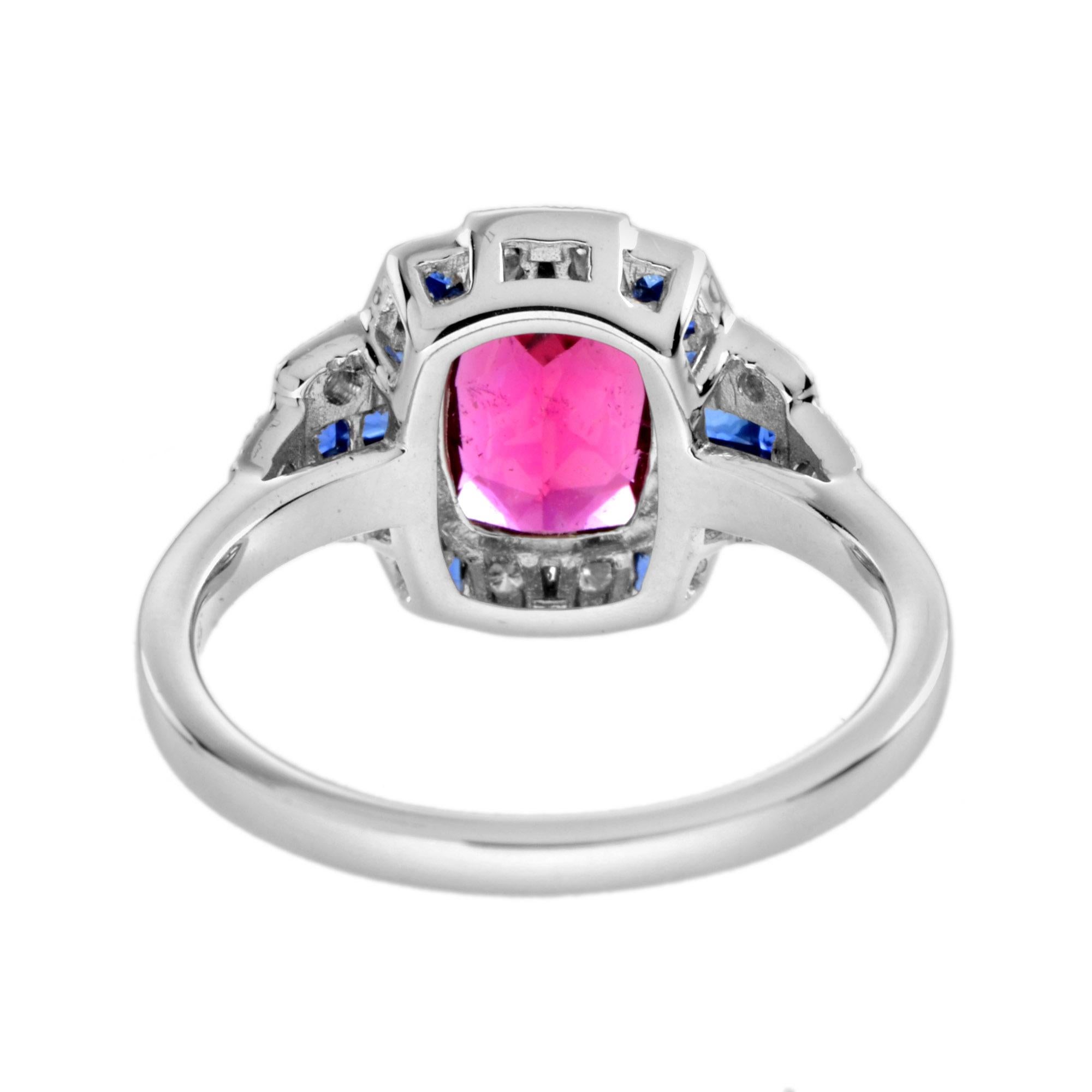 Pink Tourmaline with Sapphire and Diamond Art Deco Style Halo Ring in 18K Gold In New Condition For Sale In Bangkok, TH