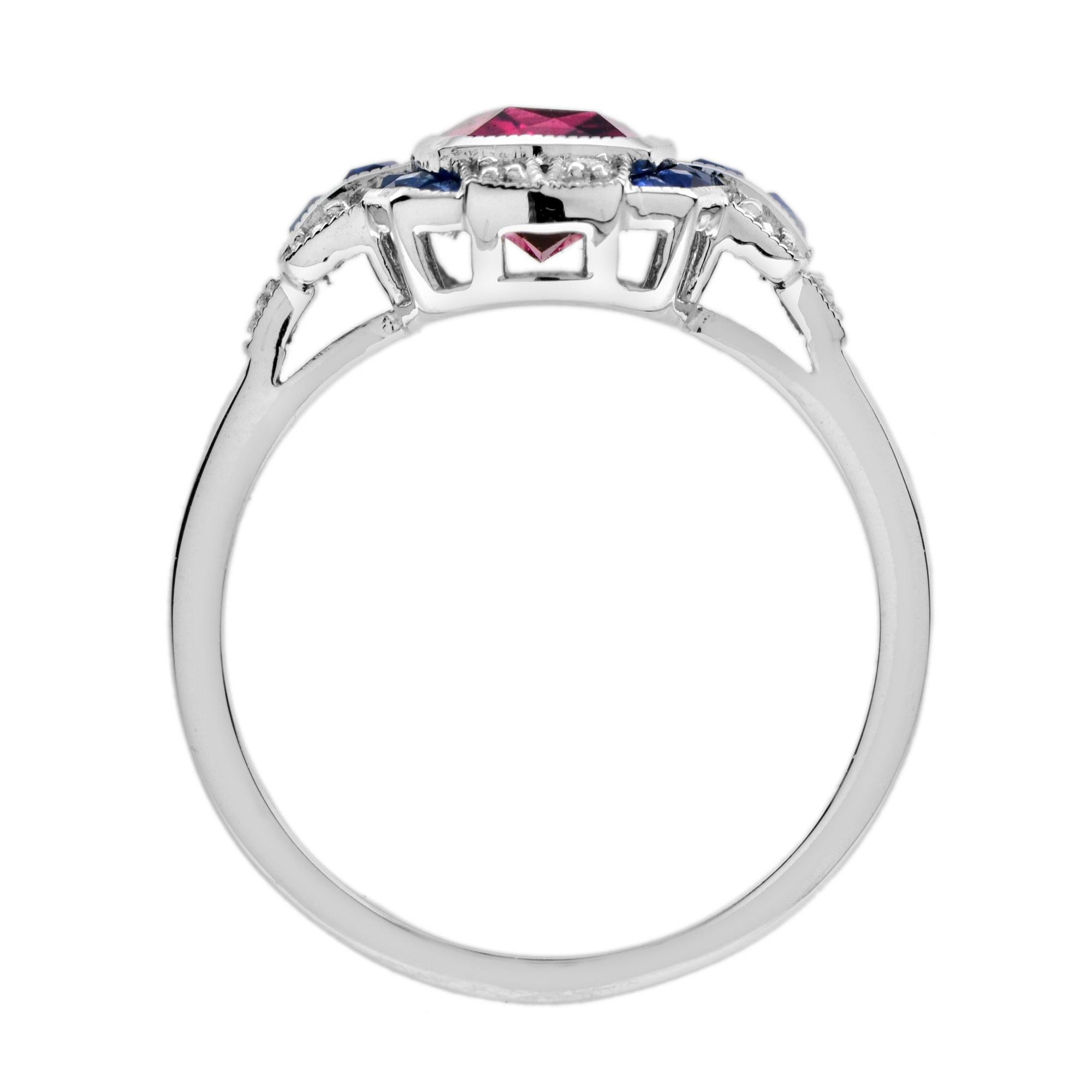 Women's Pink Tourmaline with Sapphire and Diamond Art Deco Style Halo Ring in 18K Gold For Sale