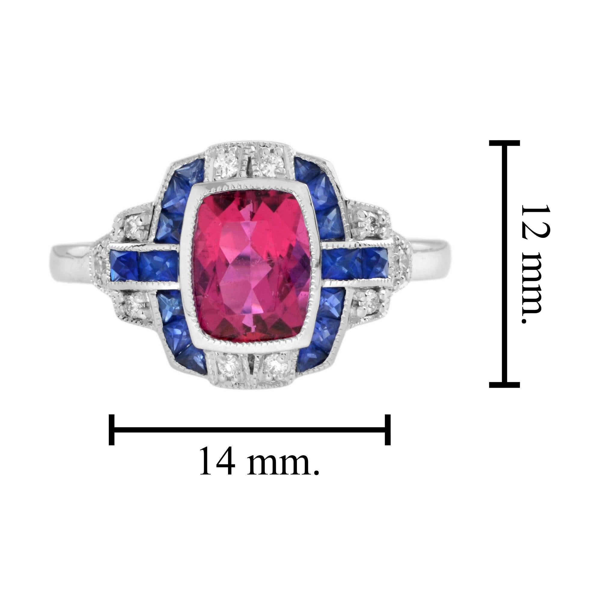 Pink Tourmaline with Sapphire and Diamond Art Deco Style Halo Ring in 18K Gold For Sale 1