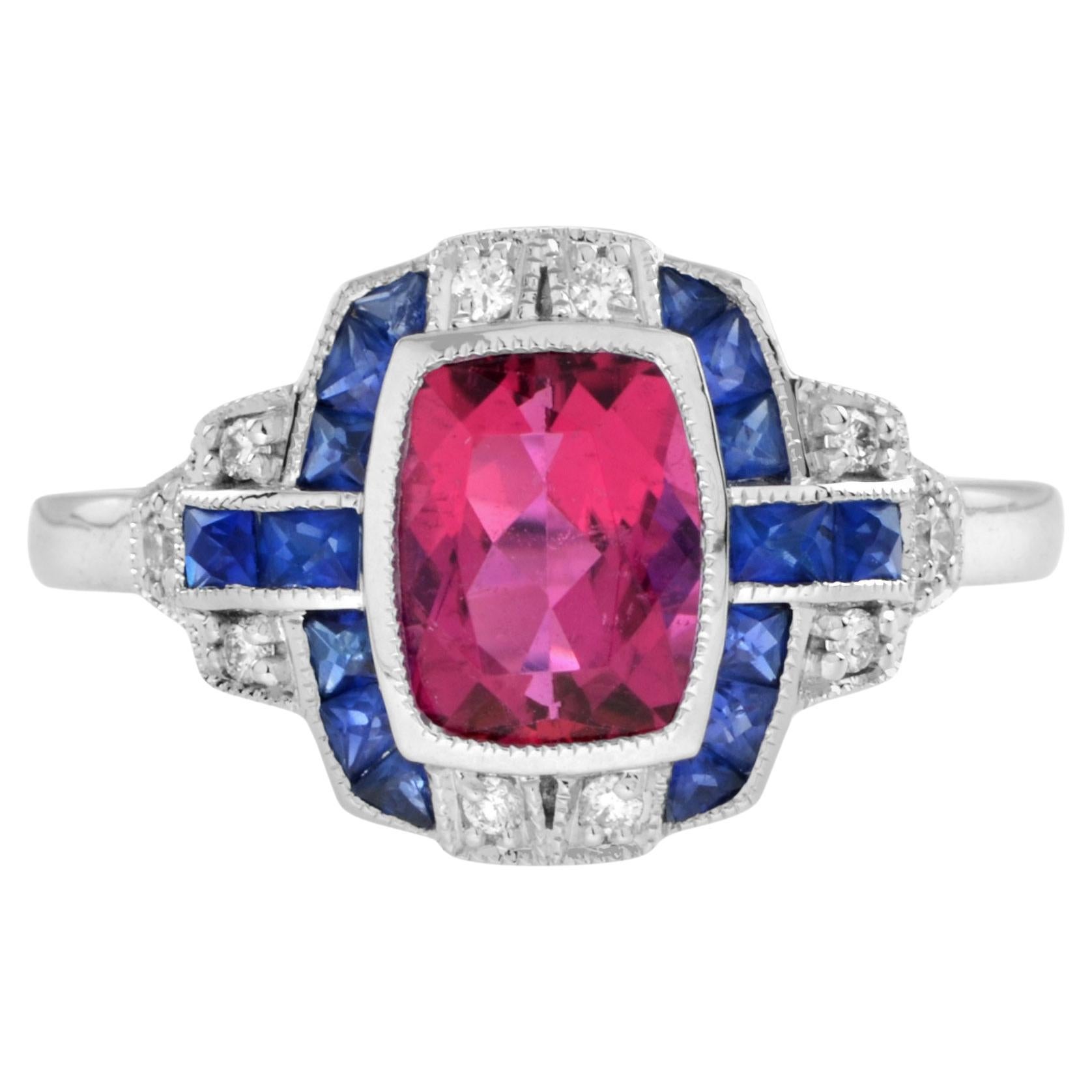 Bague halo de style Art déco en or 18 carats avec tourmaline rose, saphir et diamants