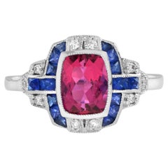 Pink Tourmaline with Sapphire and Diamond Art Deco Style Halo Ring in 18K Gold