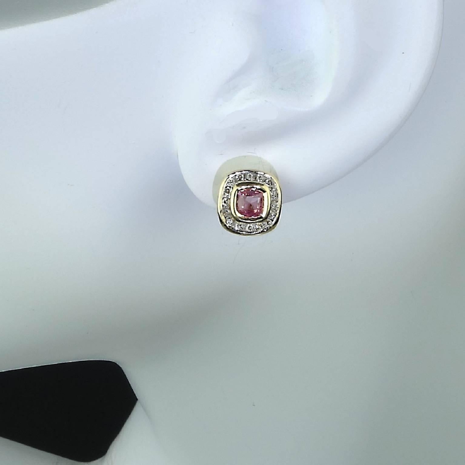 Pink Tourmaline, Diamond, Yellow Gold Stud Earrings In Excellent Condition In Raleigh, NC