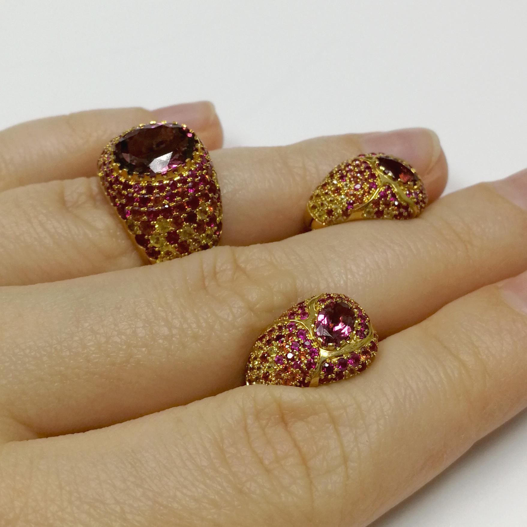 Contemporary Pink Tourmalines Sapphires Rubies Yellow 18 Karat Gold Riviera Suite For Sale