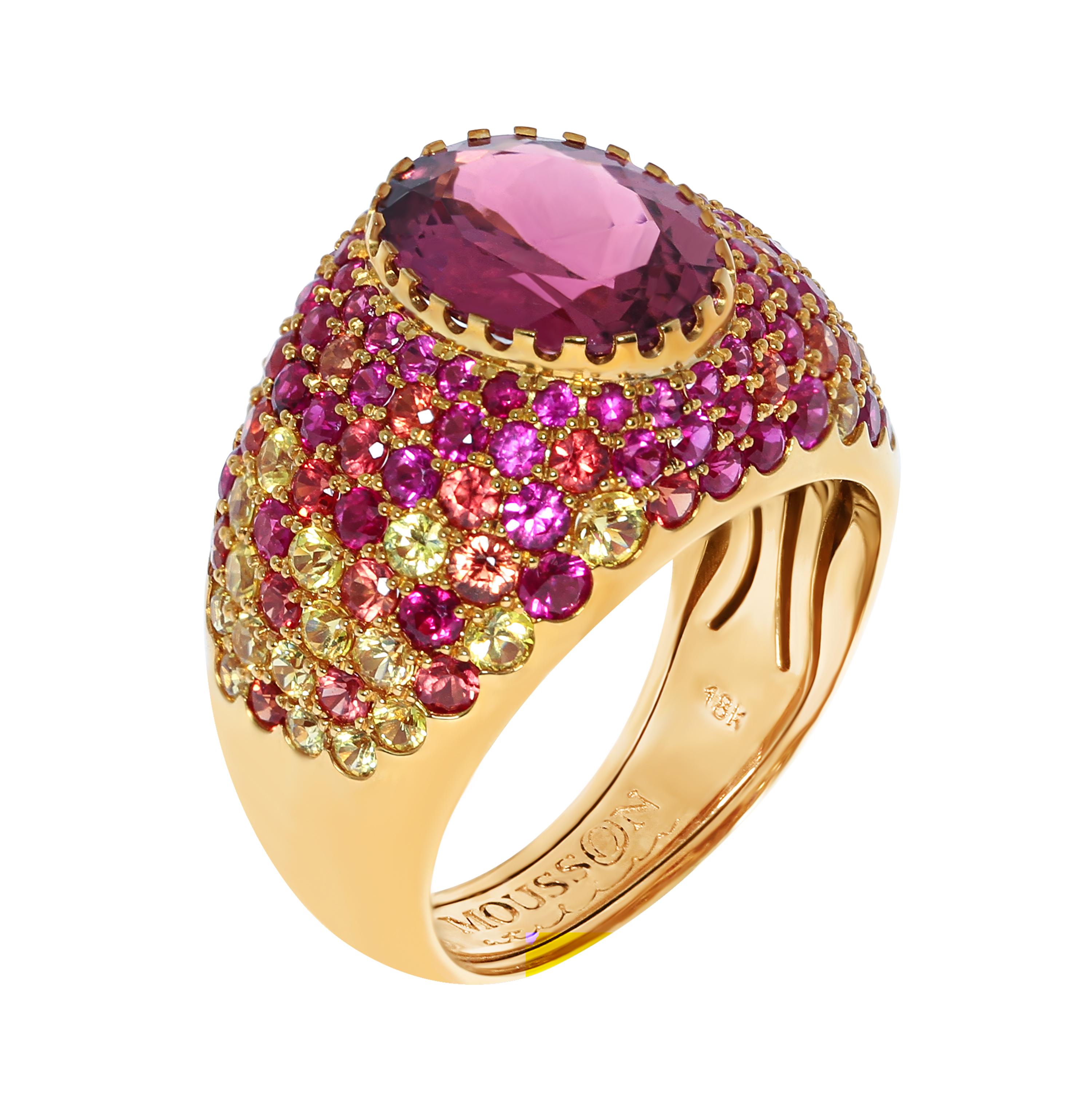 Oval Cut Pink Tourmalines Sapphires Rubies Yellow 18 Karat Gold Riviera Suite For Sale