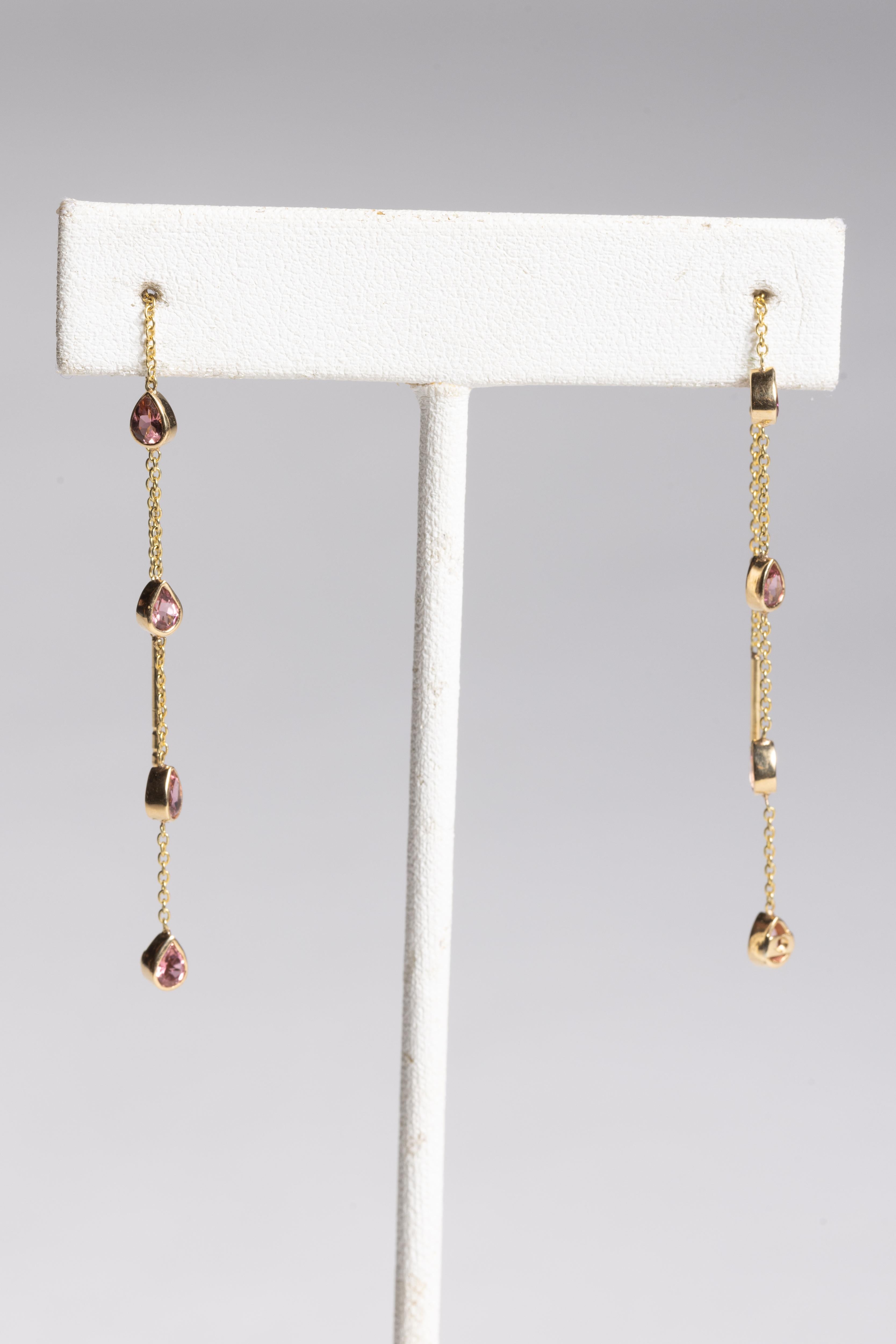 Pear Cut Pink Tourmlaine and 14K Gold Threader Pass-Through Earrings For Sale