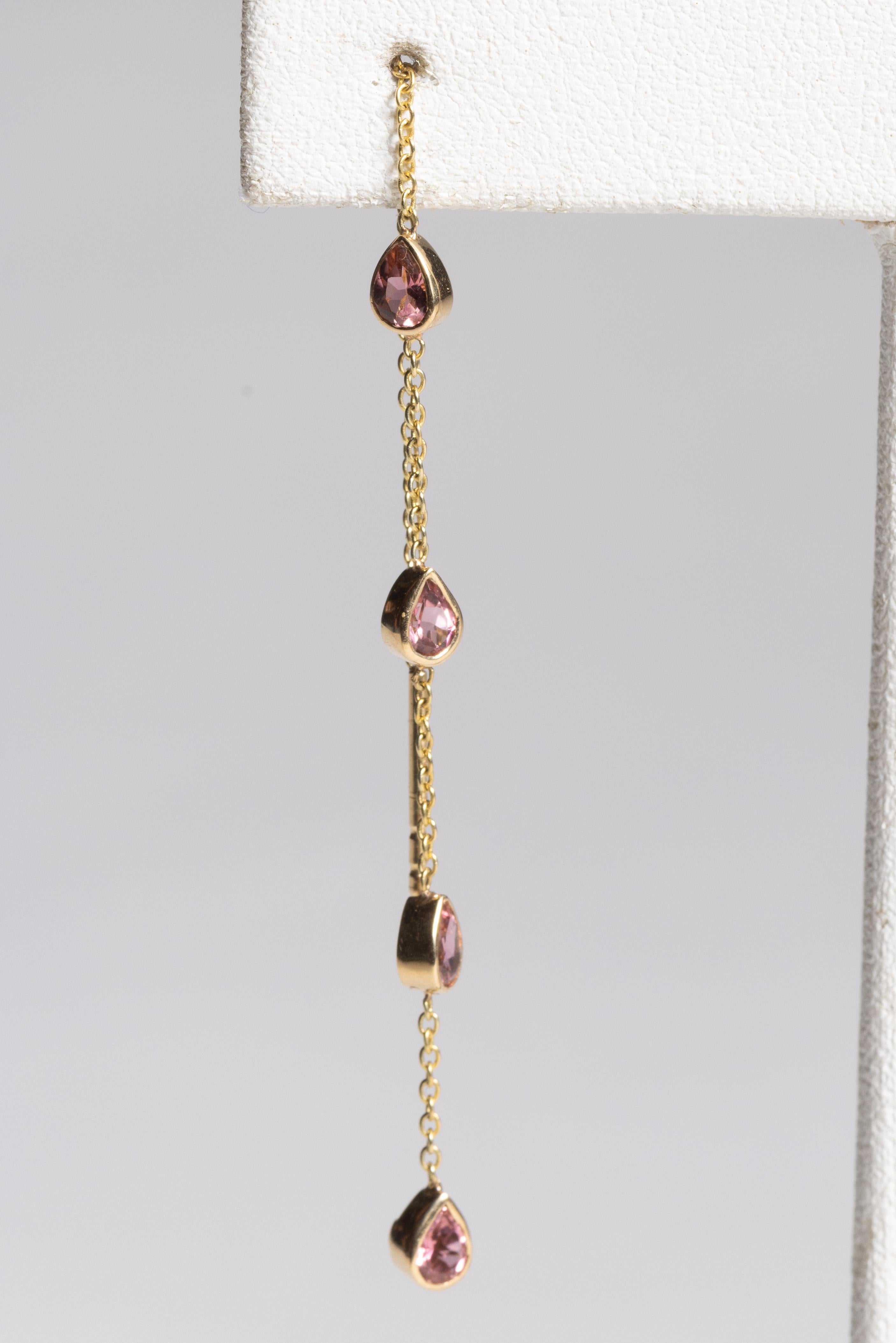 Pink Tourmlaine and 14K Gold Threader Pass-Through Earrings In Excellent Condition For Sale In Nantucket, MA