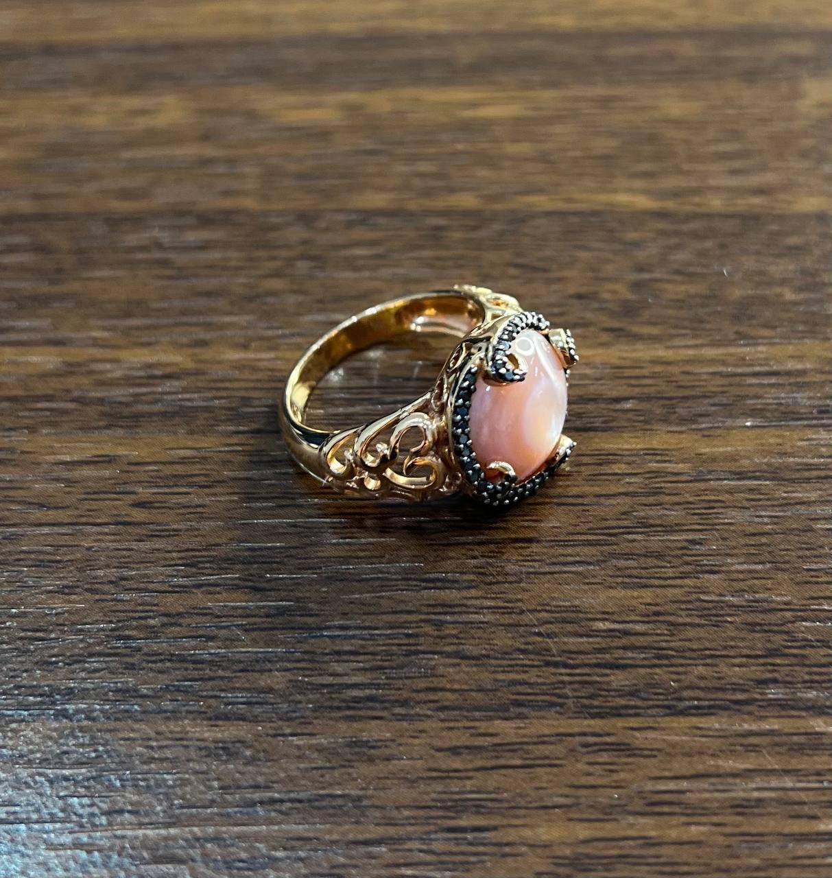 Mixed Cut Pink Translucent Mother of Pearl Black Diamonds Halo 14K Rose Gold Cocktail Ring For Sale
