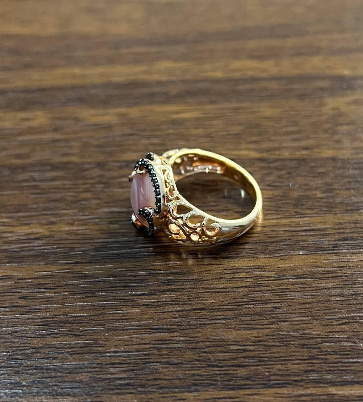 Pink Translucent Mother of Pearl Black Diamonds Halo 14K Rose Gold Cocktail Ring In New Condition For Sale In Oakton, VA