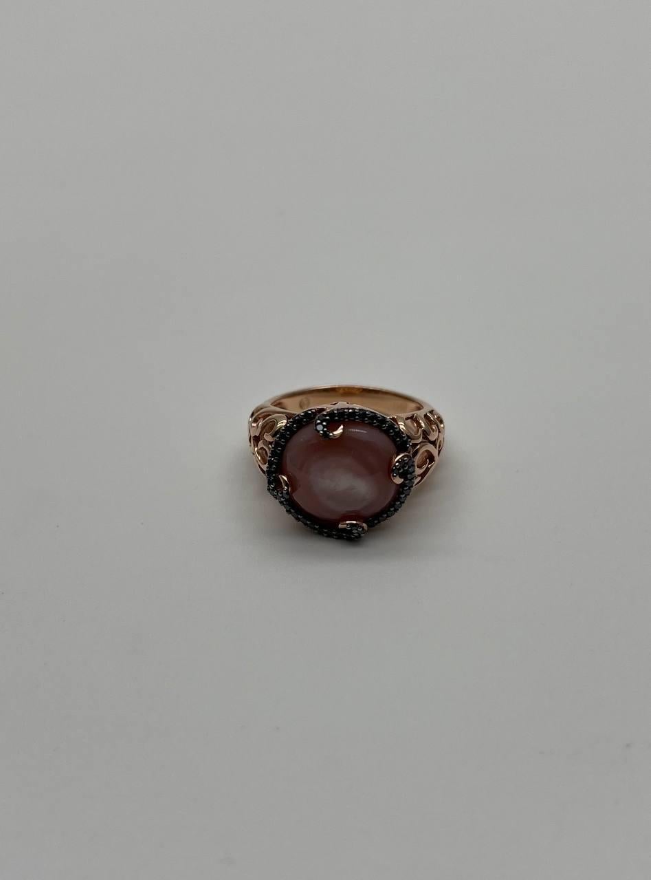 Pink Translucent Mother of Pearl Black Diamonds Halo 14K Rose Gold Cocktail Ring For Sale 2