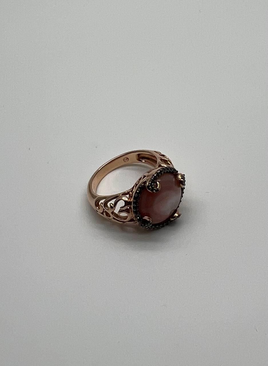 Pink Translucent Mother of Pearl Black Diamonds Halo 14K Rose Gold Cocktail Ring For Sale 3