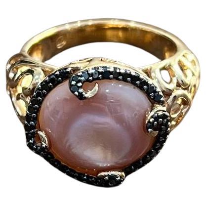 Pink Translucent Mother of Pearl Black Diamonds Halo 14K Rose Gold Cocktail Ring