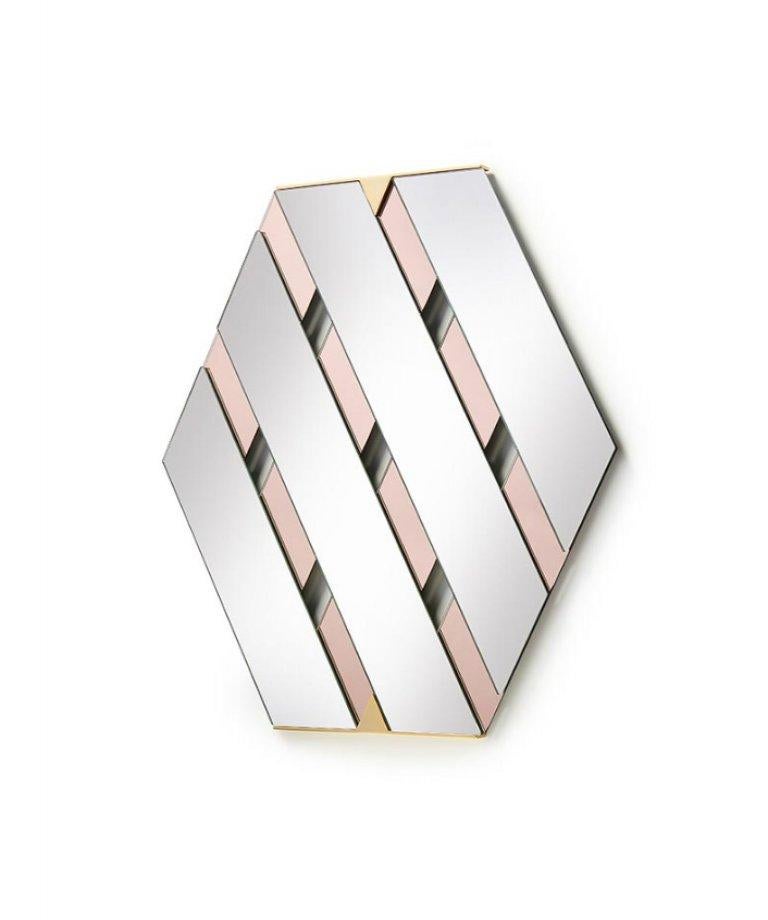 Pink tresse mirror by Mason Editions
Dimensions: 67.3 × 3 × 77.2 cm
Materials: Glass
Colours: pink, sage green, smoke grey

Diagonal bands of reflecting surface, which overlap in an elegant optical effect with as many bands of colored mirror: