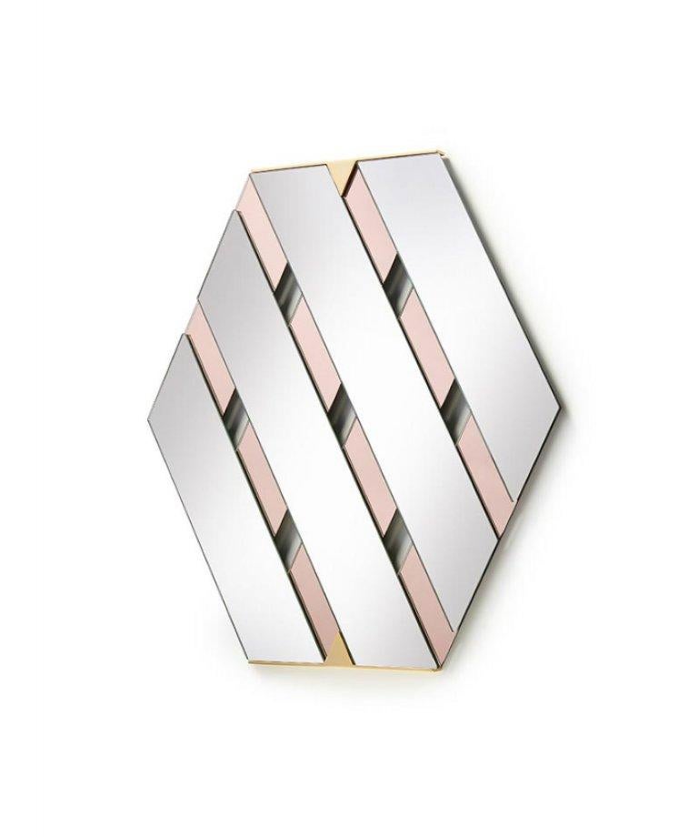 Pink tresse mirror by Mason Editions
Dimensions: 67.3 × 3 × 77.2 cm
Materials: Glass
Colours: pink, sage green, smoke grey

Diagonal bands of reflecting surface, which overlap in an elegant optical effect with as many bands of colored mirror:
