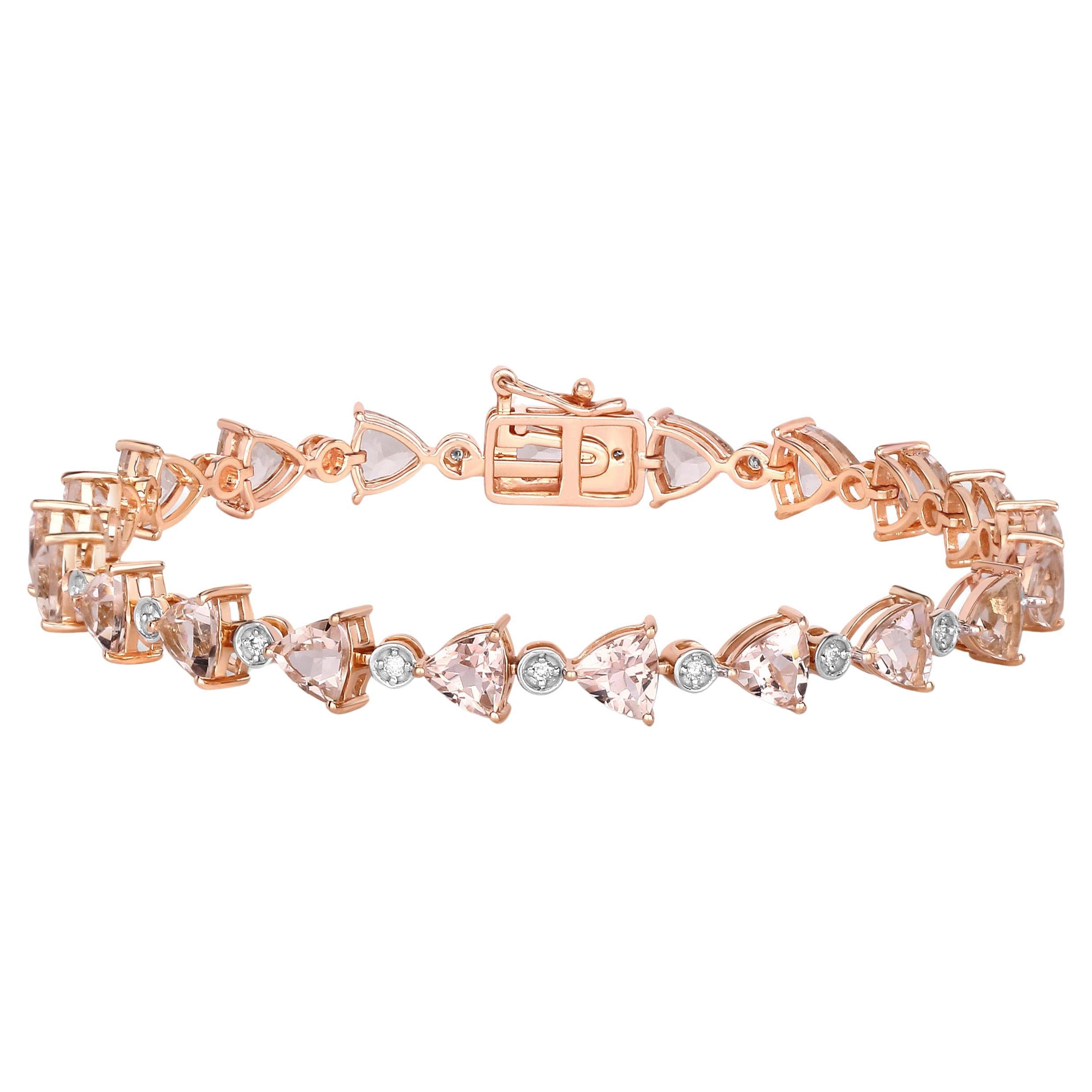 Bracelet tennis en or rose 14 carats avec maillons en diamants et Morganite rose taille trillion