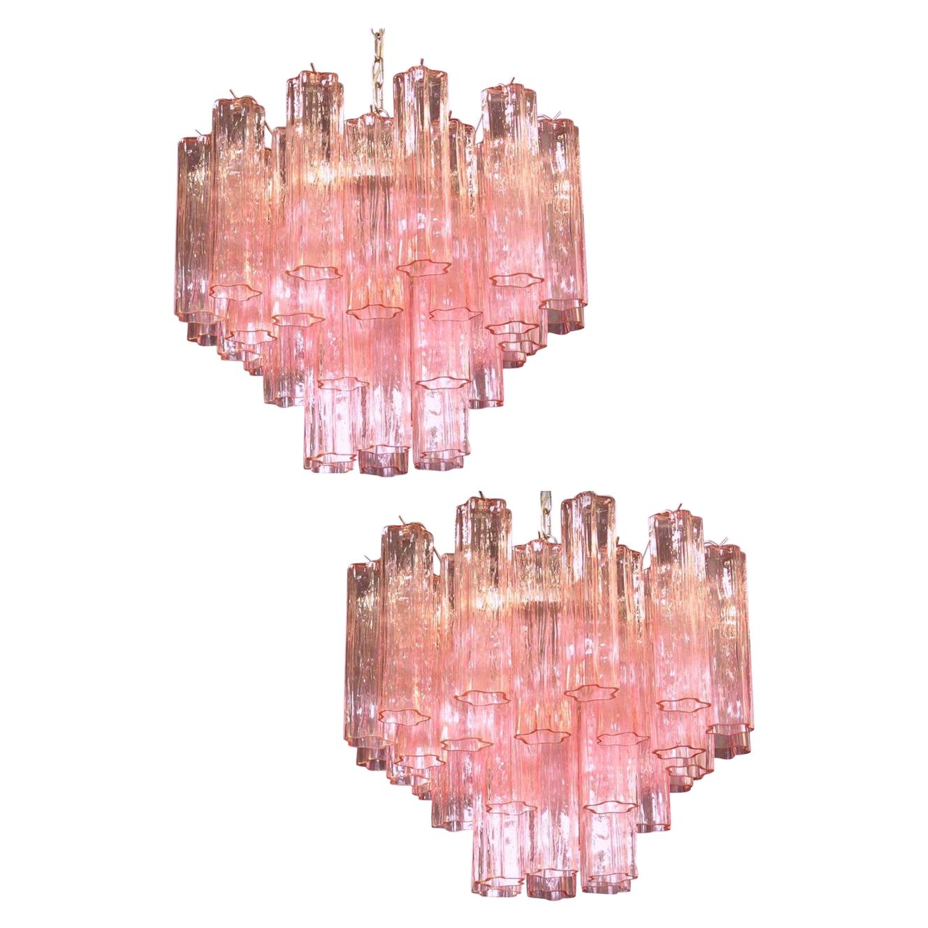 Pink Tronchi Pair of Murano Glass Chandelier, 1970s