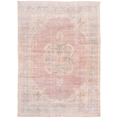 Pink Turkish Oushak Carpet, Light Pink Field, Blue Border