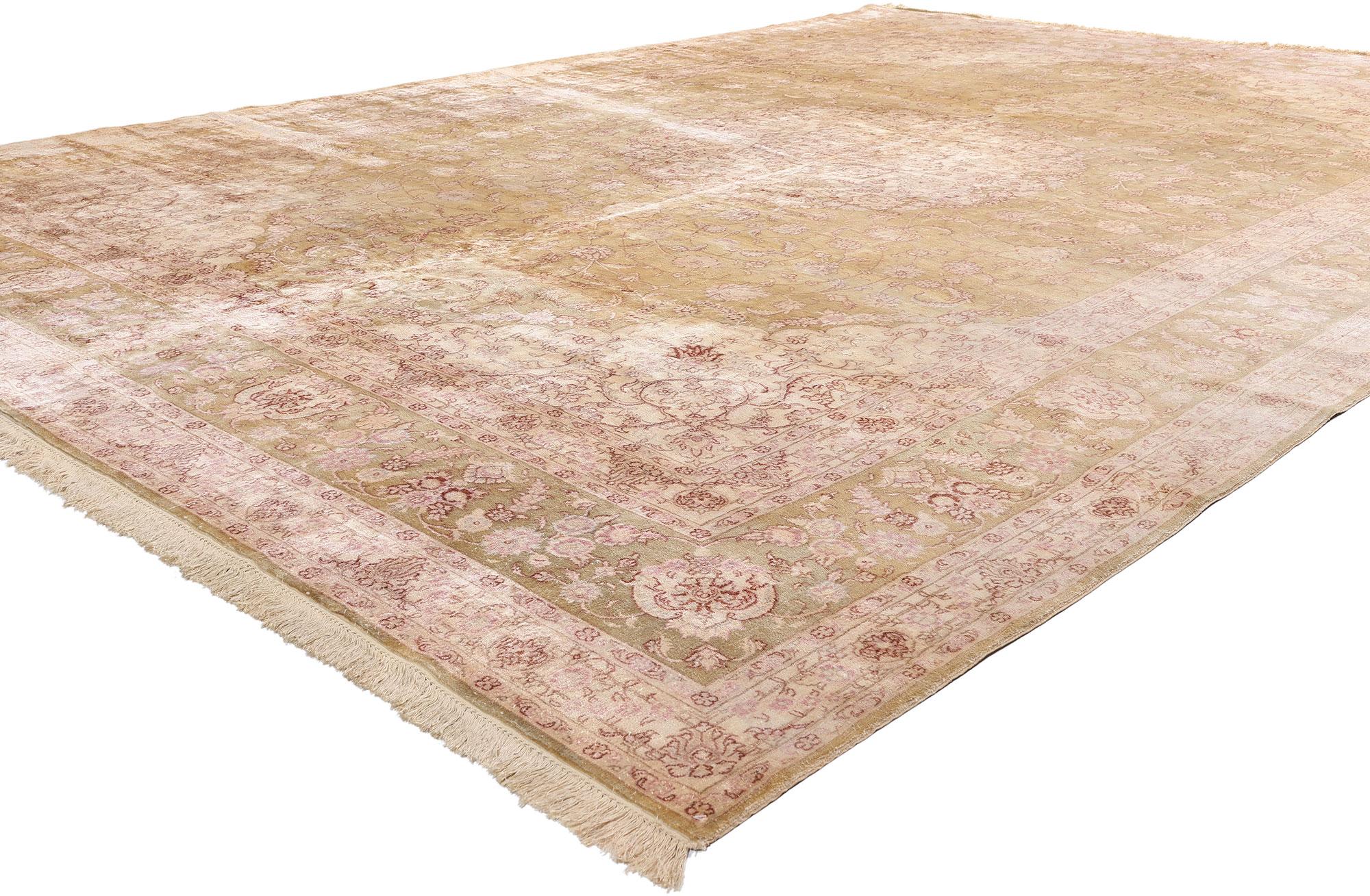 76935 Rare Vintage Turkish Silk Hereke Rug, 09’10 x 13’10. Woven in the legendary town of Hereke, this monumental hand-knotted vintage Turkish silk rug is a sanctuary of refinement—an heirloom of empire rendered in whisper-soft hues of pale beige,