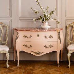Pink Turn of the Century Louis XV Style Bombe Chest of Drawers with Marble Top
