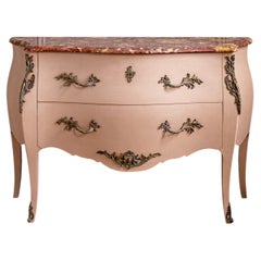 Pink Turn of the Century Louis XV Style Bombe Chest of Drawers with Marble Top