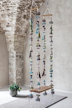 Pink Turquois textile Swing Handmade Crochet in Cotton & Polyester Oak Wood Seat