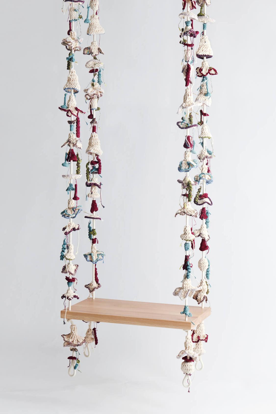 Israeli Pink Turquois textile Swing Handmade Crochet in Cotton & Polyester Oak Wood Seat