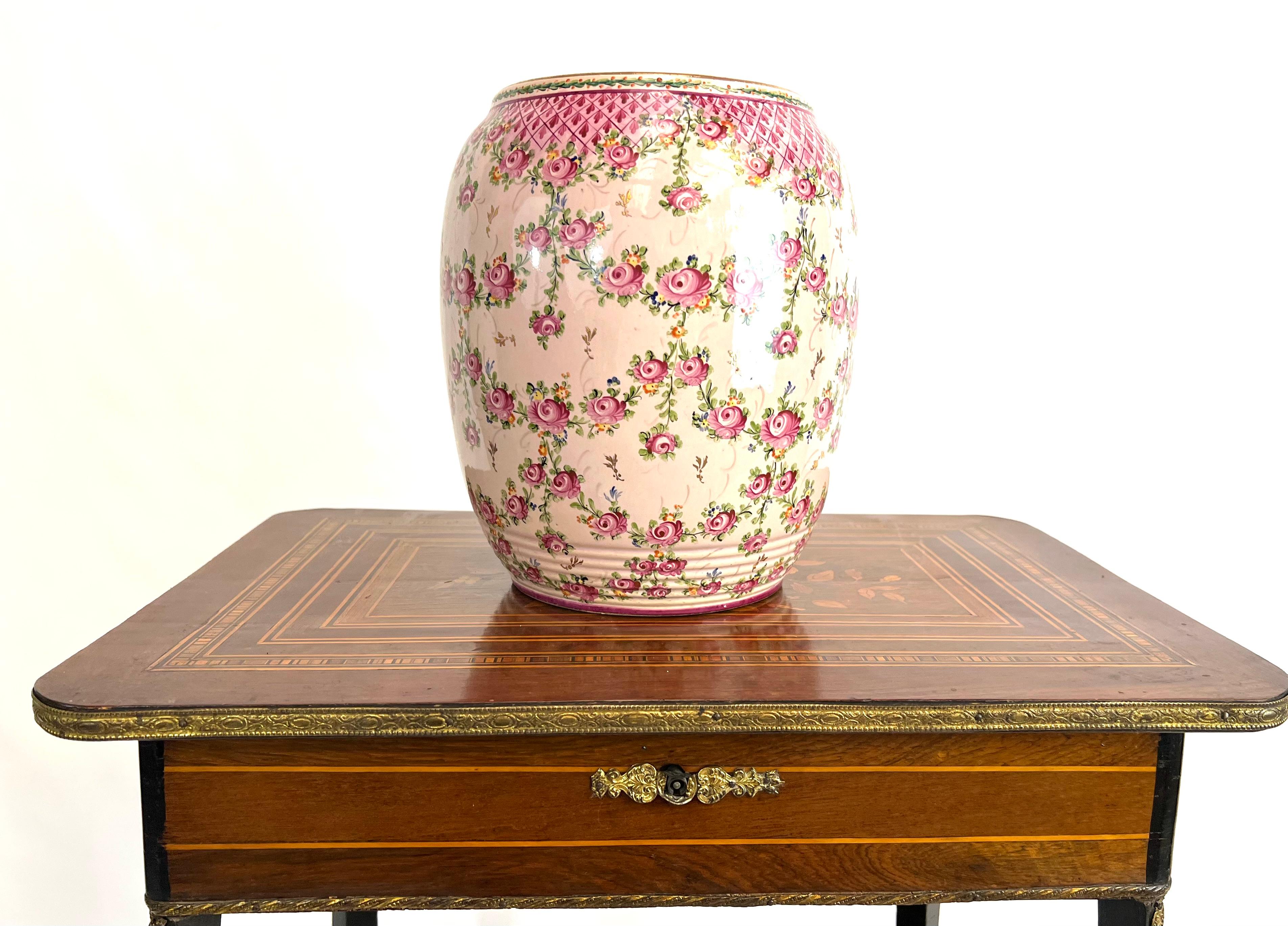 French Pink vase with rose decor in faience of Clamecy For Sale