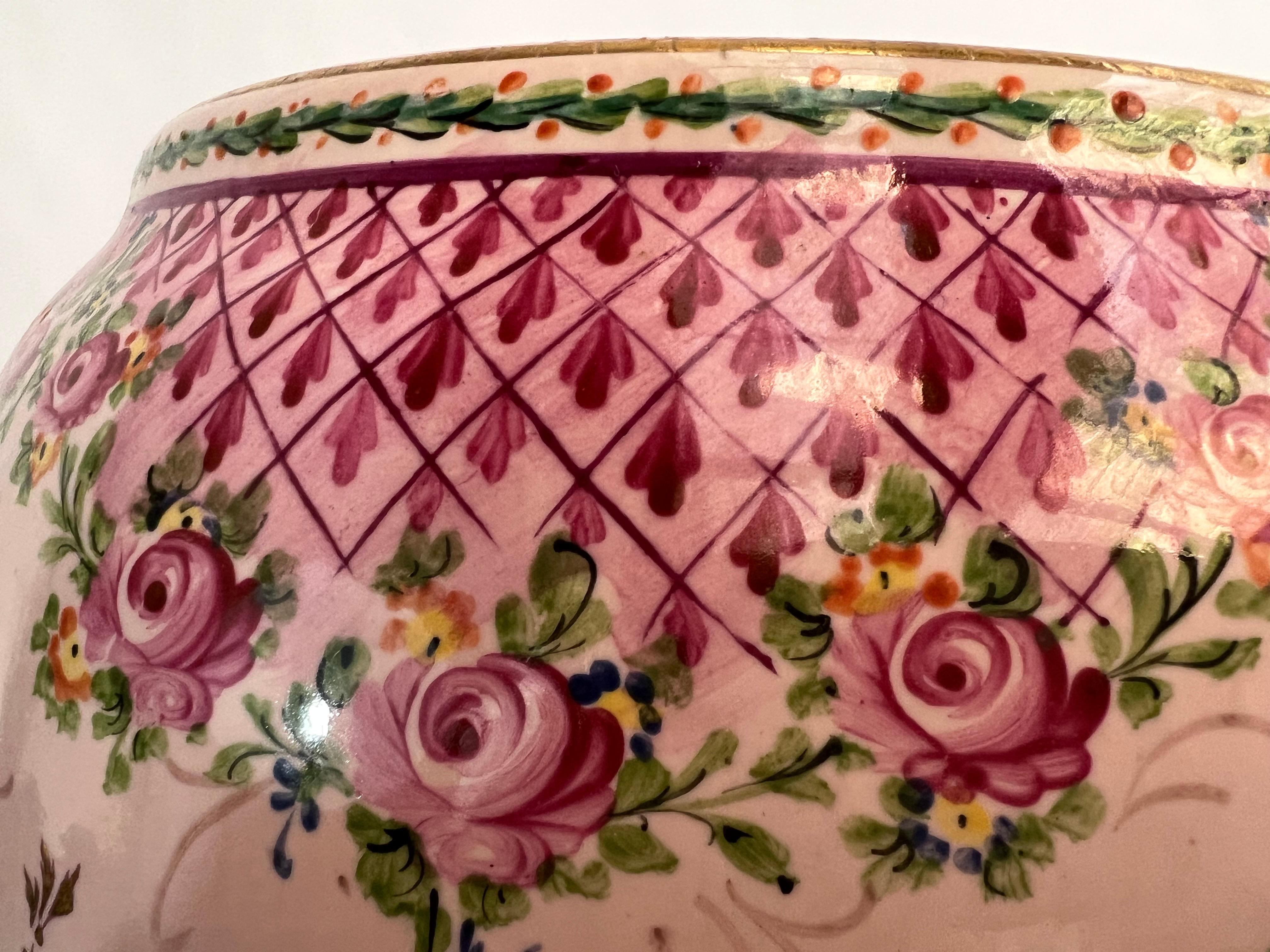 20th Century Pink vase with rose decor in faience of Clamecy For Sale