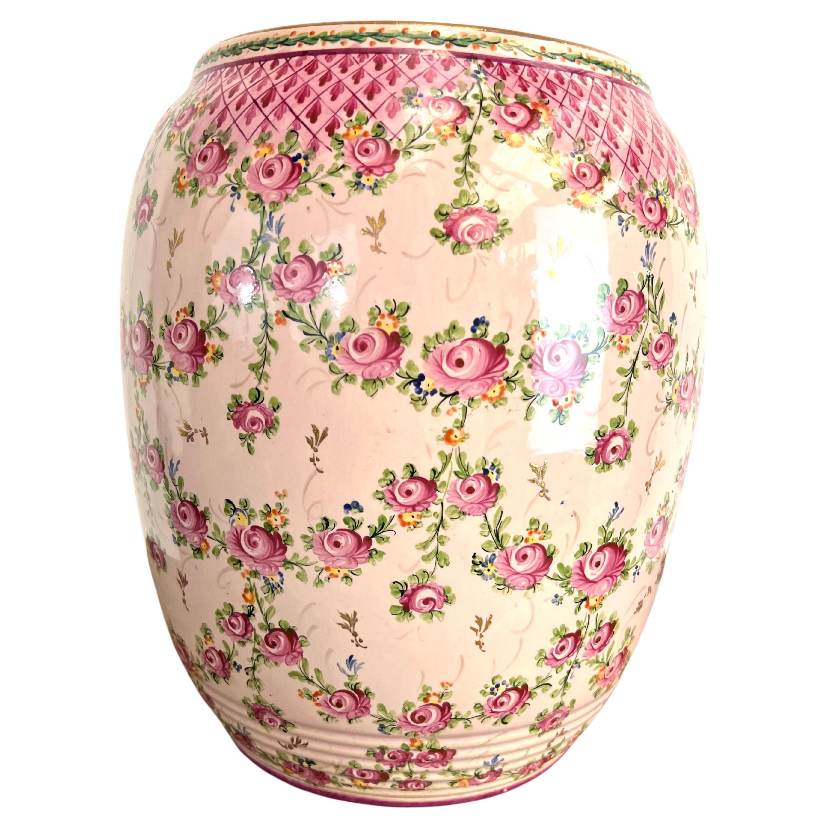 Pink vase with rose decor in faience of Clamecy For Sale