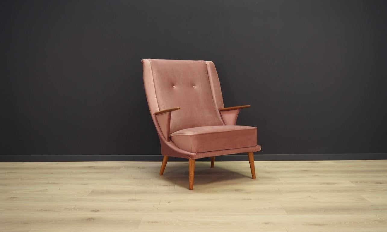 Scandinavian Modern Pink Velour Armchair Vintage 1960s Midcentury Danish Design Retro For Sale