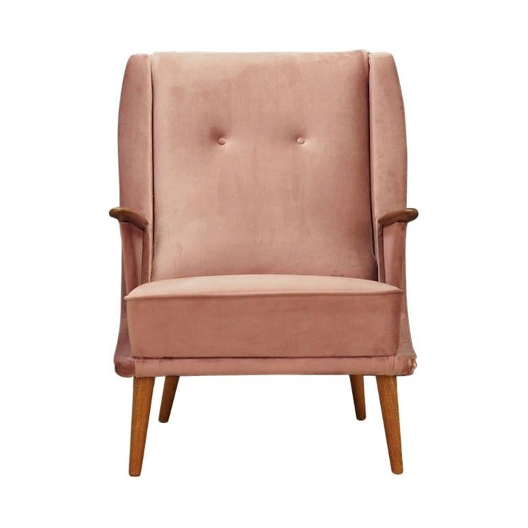 Pink Velour Armchair Vintage 1960s Midcentury Danish Design Retro For Sale