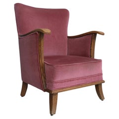 Pink Velvet and Oak Art Deco Lounge Chair, The Netherlands 1930's