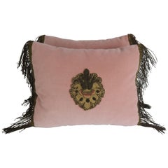 Pink Velvet Pillows with Antique Metallic Embroidered Appliqués, Pair