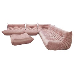 Pink Velvet Togo Sofa Set by Michel Ducaroy for Ligne Roset, 1970s, Set of 5