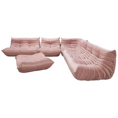 Togo-Sofa-Set aus rosa Samt von Michel Ducaroy für Ligne Roset, 1970er Jahre, 5er-Set