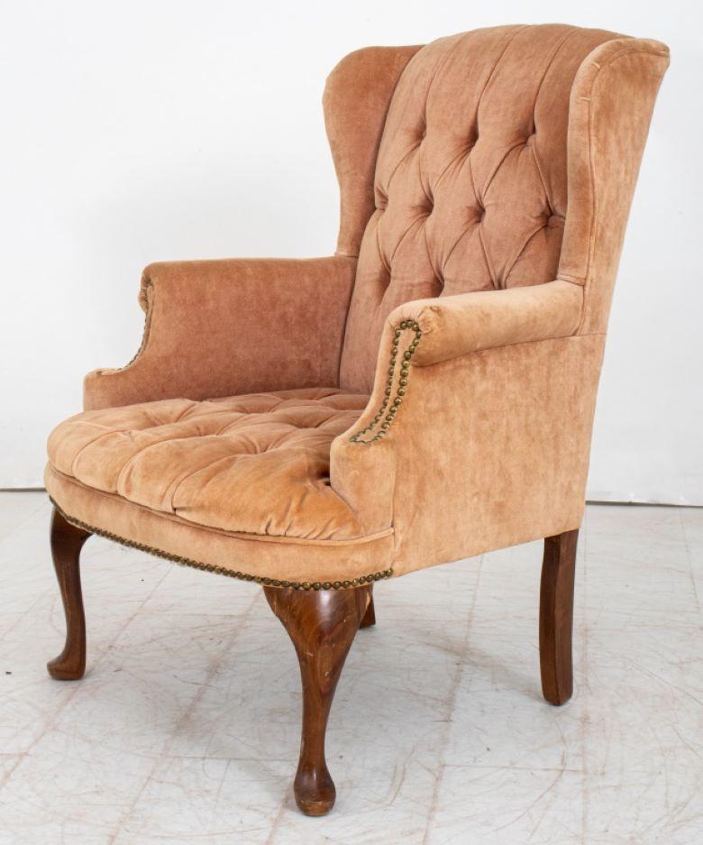 Pink Velvet Upholstered Wing Back Armchair In Good Condition In Astoria, NY