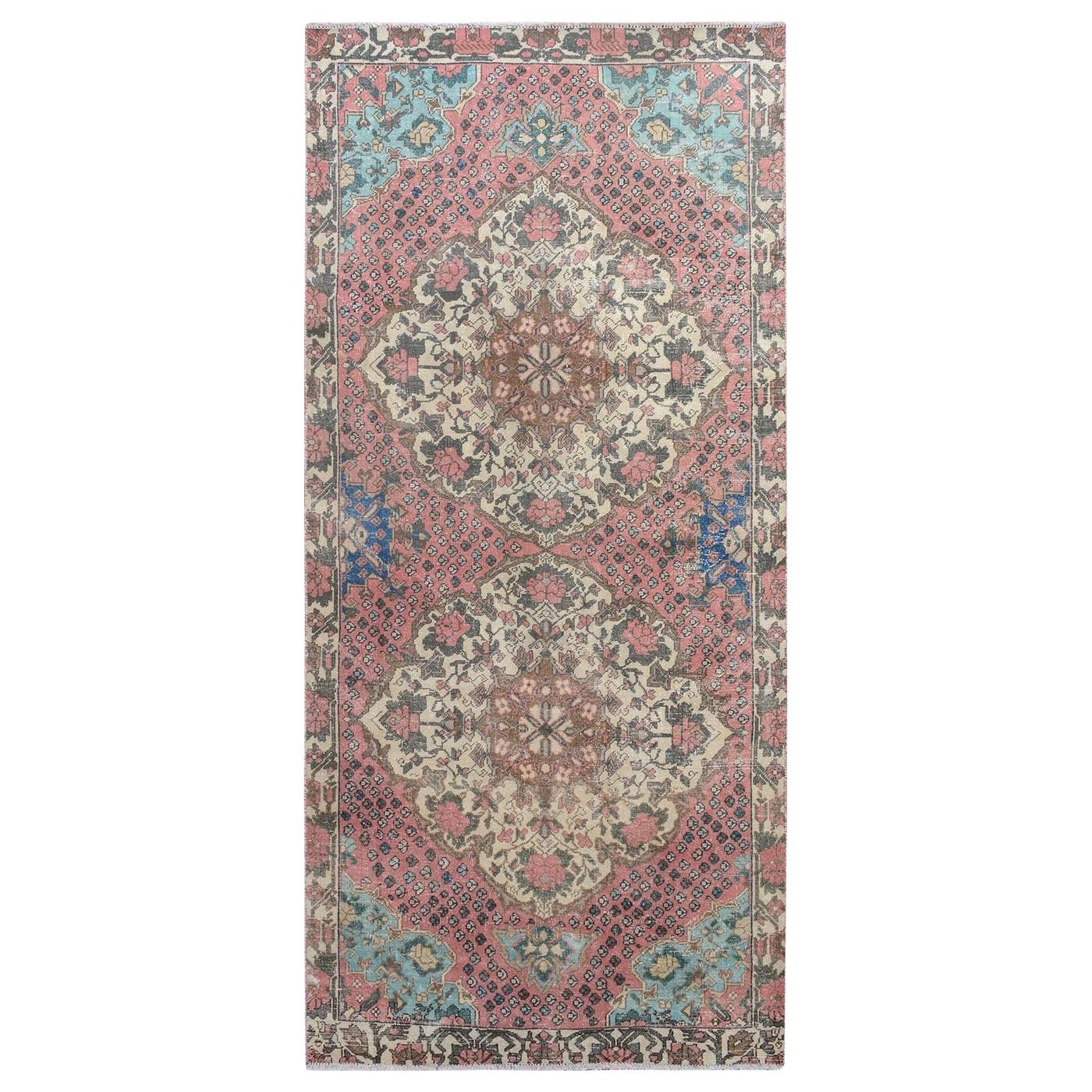 Pink Vintage and Worn Down Washed Runner Persian Antique Bakhtiari Hand Knotted 
