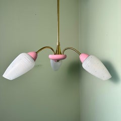 Pink Vintage Midcentury 3 Arm Sputnik Chandelier with Brass and Glass