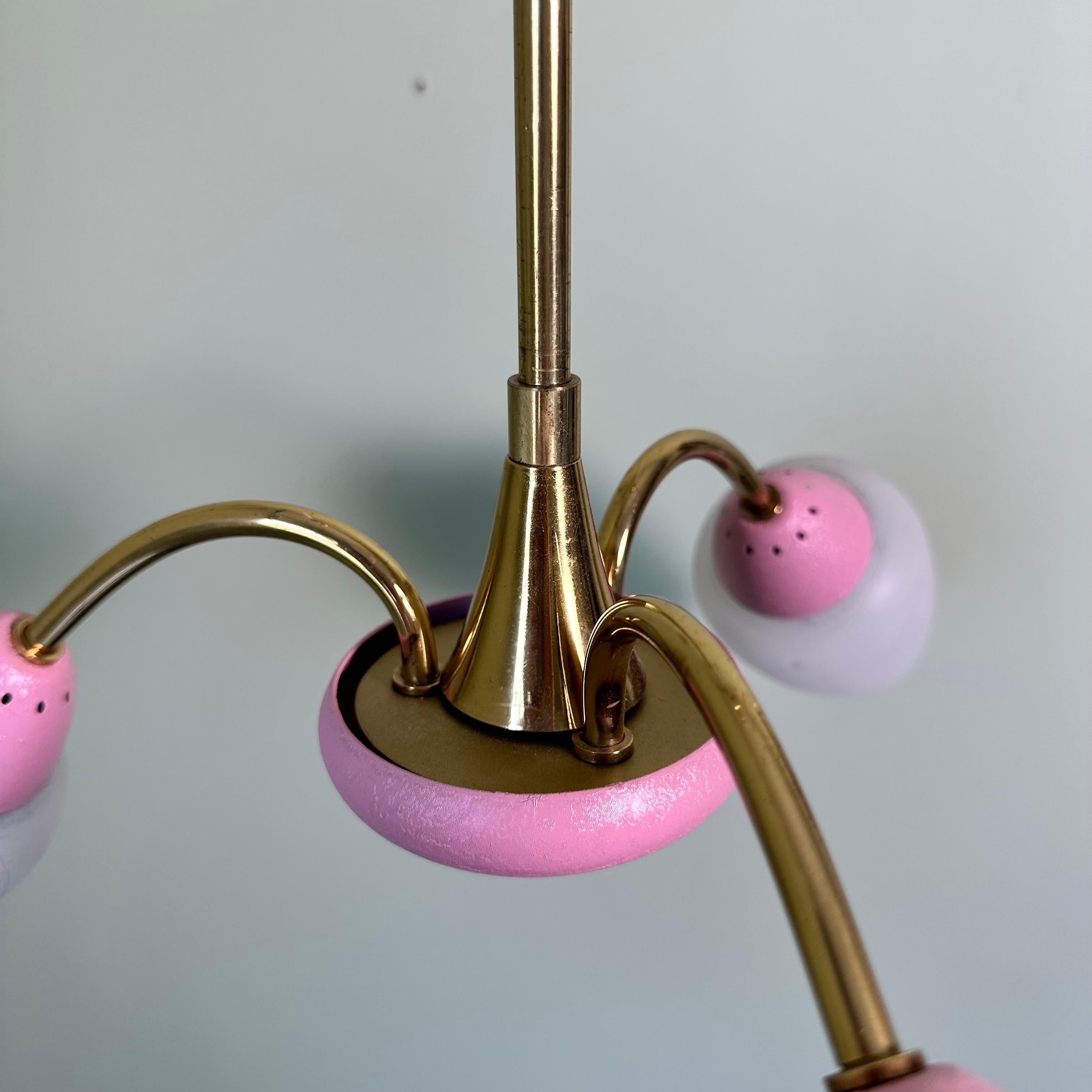 Pink Vintage Midcentury 3 Arm Sputnik Chandelier with Brass and Glass In Good Condition For Sale In Amityville, NY